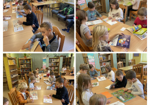Uczniowie klas pierwszych podczas lekcji bibliotecznej w bibliotece szkolnej.