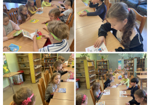 Uczniowie klas pierwszych siedzą przy stole w bibliotece szkolnej.