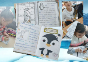 Zdjęcie przedstawia pracę uczniów klasy IIc, którą wykonywali podczas omawiania książki ,,Zaczarowana Zagroda". Uczniowie wykonują metryczkę książki, układają wydarzenia w kolejności chronologicznej oraz tworzą sylwetę pingwina z wyciętych elementów.