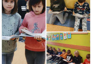 Uczniowie biorą udział w akcji czytania książek na przerwie.