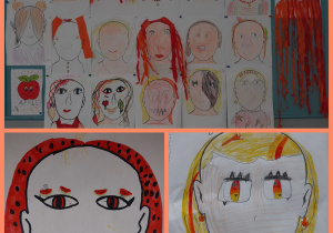 Portrety Pani Jesieni wykonane przy pomocy kolorowej bibuły oraz mazaków. Prace wykonane w grupie I pod opieką Pani Pauli Filipczak.