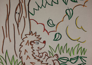 Jesienna kolorowanka przedstawiająca jeża. Praca wykonana w grupie I pod opieką Pani Pauli Filipczak.