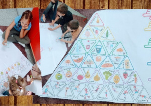 Uczniowie w grupach wykonują Piramidę Zdrowego Żywienia.