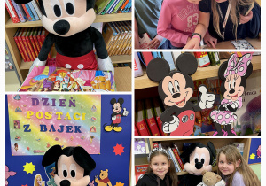 Kolaż zdjęć przedstawiający Dzień Myszki Miki w bibliotece szkolnej.
