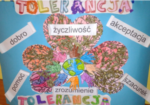 Zdjęcie przedstawia plakat pod hasłem ,,Tolerancja", wykonany przez uczniów klasy IIc.