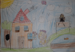 Rysunek z domem, podwórkiem, pieskiem, ławką i stawem z rybkami. Praca wykonana w gr. 1 pod opieką Pani Pauli Filipczak.