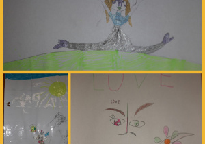 Rysunki przedstawiające: buźki, ludzi, słońce, kwiaty i napis LOVE. Prace wykonane w gr. 1 pod opieką Pani Pauli Filipczak.