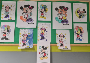Dzień Myszki Miki, kolorowanki przedstawiające Myszkę MIki. Prace wykonane w grupie II pod opieką Pani Mileny Modranki.