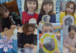 Zdjęcie przedstawia uczniów klasy IIc podczas wykonywania pracy pod hasłem ,,Lustro”. Uczniowie wyklejają kontury lustra folią aluminiową. Niektóre dzieci trzymają w rękach ukończone prace.