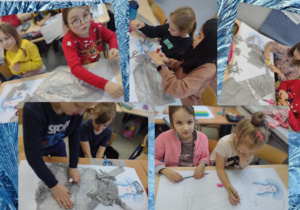 Zdjęcie przedstawia uczniów podczas pracy grupowej ,,Suknia Królowej Śniegu”. Dzieci tworzą kreację Królowej Śniegu.