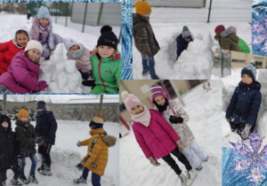 Uczniowie podczas zabaw na świeżym powietrzu. Dzieci budują ze śniegu pałac Królowej Śniegu.