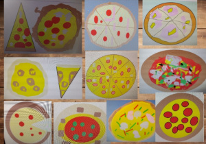 Zdjęcie przedstawia kolaż prac wykonanych przez uczniów podczas zajęć informatycznych. Dzieci rysowały pizzę w programie Paint.