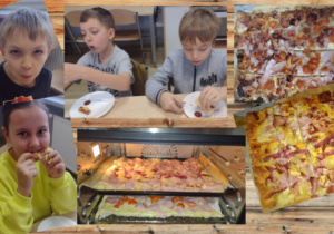 Zdjęcie przedstawia wykonane przez uczniów pizze. Dzieci konsumują gotowe wypieki.