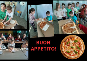 Kolaż zdjęć przedstawiający degustację pizzy przez uczniów.