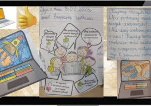 Prace uczniów klasy IIc podczas realizacji tematu ,,Bezpieczne spotkania". Uczniowie pisali zasady dotyczące bezpiecznego korzystania z internetu i komputera, oceniali wypowiedzi przedstawionych na ilustracjach dzieci oraz kolorowali według kodu obrazek przedstawiający otwarty laptop