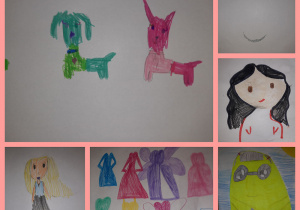 Rysunki własne uczniów: kolorowe pieski, ubrania i postacie. Prace wykonane w gr. I pod opieką Pani Pauli Filipczak.
