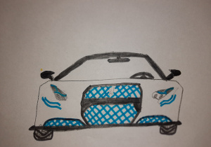 Rysunek samochodu w kolorystyce białoniebieskiej. Praca wykonana w gr. I pod opieką Pani Pauli Filipczak.