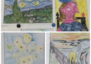 Kolorowanki inspirowane twórczością Vincenta Van Gogha, Edvarda Muncha oraz Pablo Picasso. Prace wykonane w grupie porannej pod opieką Pani Agnieszki Kosińskiej.