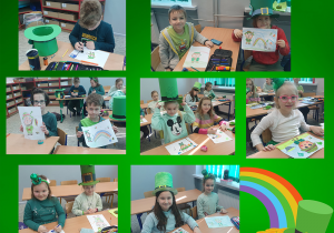 Uczniowie klasy 1a rysują Leprechaun'a oraz symbole związane z Dniem świętego Patryka.