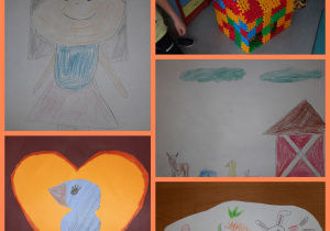 Kolorowe rysunki: ptaszek na tle serca, wiejska zagroda, dziewczynka. Domek zbudowany z klocków. Prace wykonane w gr. I pod opieką Pani P. Filipczak.