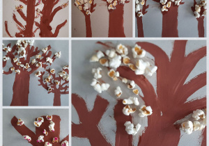 Kwitnące drzewa wykonane farbami i ozdobione popcornem cz.1. Prace wykonane w gr. I pod opieką Pani P. Filipczak.
