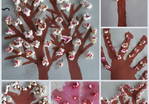 Kwitnące drzewa wykonane farbami i ozdobione popcornem cz.2. Prace wykonane w gr. I pod opieką Pani P. Filipczak.
