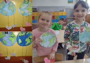 Dwie uczennice trzymają w rękach wykonane przez siebie prace plastyczne przedstawiające Ziemię. Do sylwety kuli ziemskiej przywiązane są dwa serduszka na których uczniowie napisali w jaki sposób będą dbali o swoją planetę.