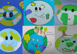 Zdjęcie przedstawia kolaż prac uczniów wykonanych podczas zajęć komputerowych. Uczniowie w programie Paint rysowali swoją piękną planetę.