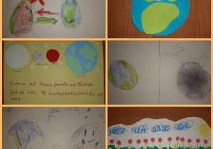 Plakaty dotyczące dbania o naszą planetę. Kula ziemska przedstawiona jako kolorowa planeta oraz jako szara i zadymiona. Prace wykonane w gr. I pod opieką Pani Pauli Filipczak.