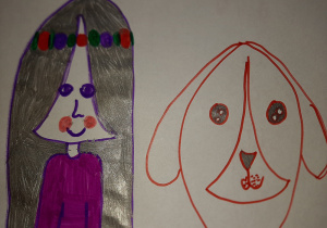 Rysunek- portret dziewczynki i psa. Praca wykonana przez uczennicę w gr. I pod opieką Pani Pauli Filipczak.