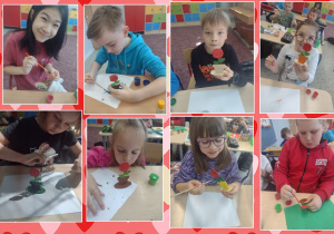 Dzieci malują farbami drewniany kwiatek według własnego pomysłu. Dwójka uczniów trzyma w rękach wykonane przez siebie prace.