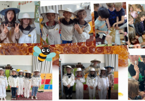 Kolaż zdjęć przedstawiający uczniów przebranych w kombinezony pszczelarskie. Uczniowie, łyżeczkami degustują miód z pszczelich plastrów.