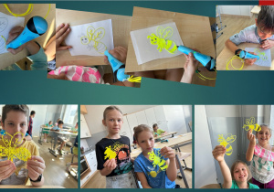 Kolaż zdjęć uczniów klasy IIa podczas pracy z długopisem 3D- tworzenie modelu osy. Wodzenie urządzeniem po wzorze, z którego wydobywa się płynna masa filamentu w kolorze żółtym. Uczniowie demonstrują gotową pracę- osę.